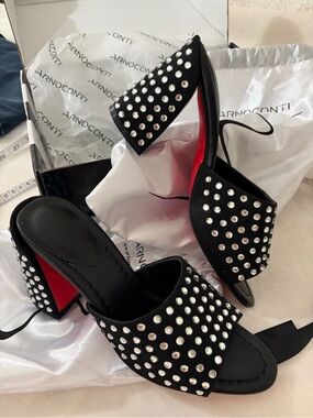 Ladies, Studded Black Block Heel Sandals with Red Heel Detail. NEW. Size 7